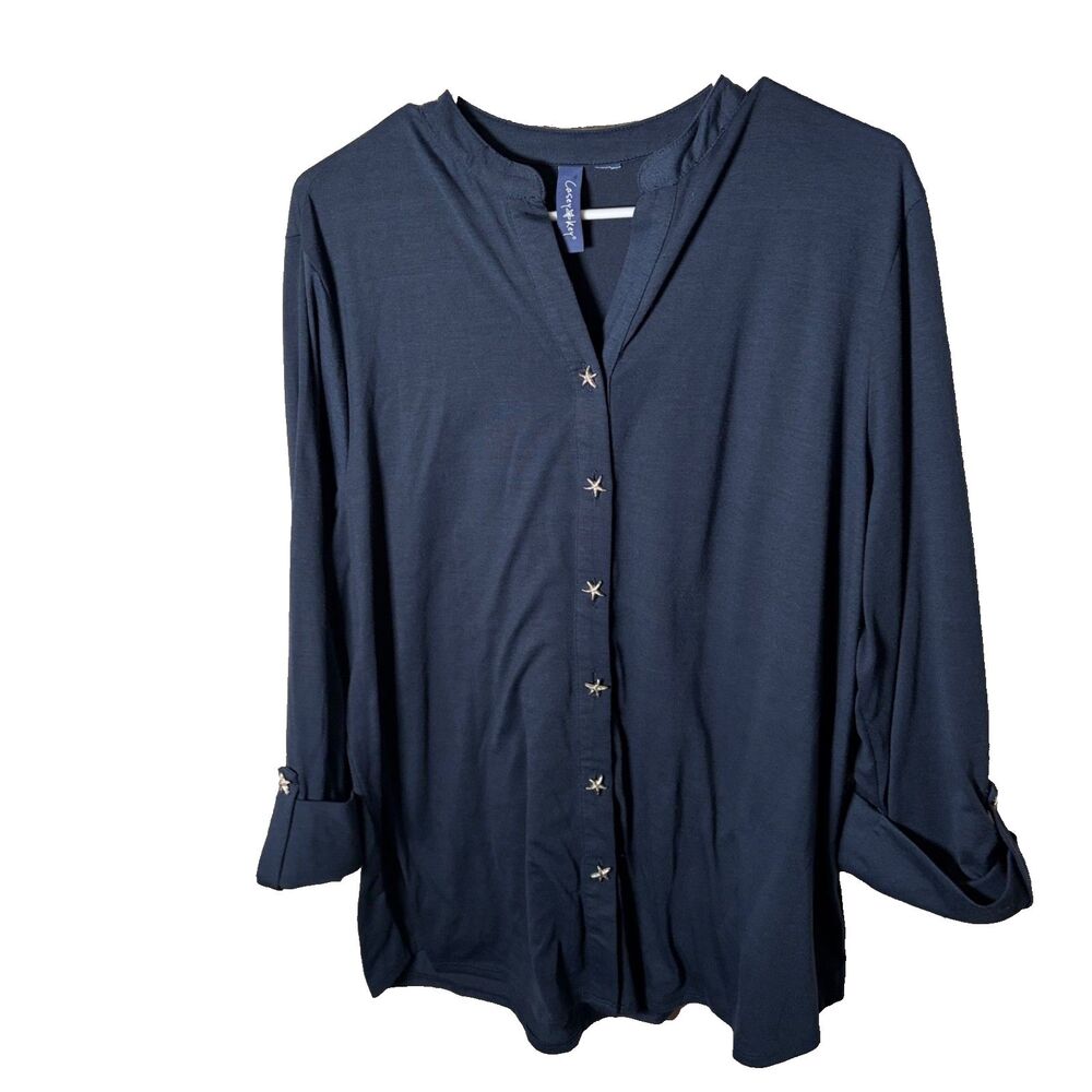 Casey Key Shirt Women's 1X Navy Blue Starfish Button Up Long Sleeve Top